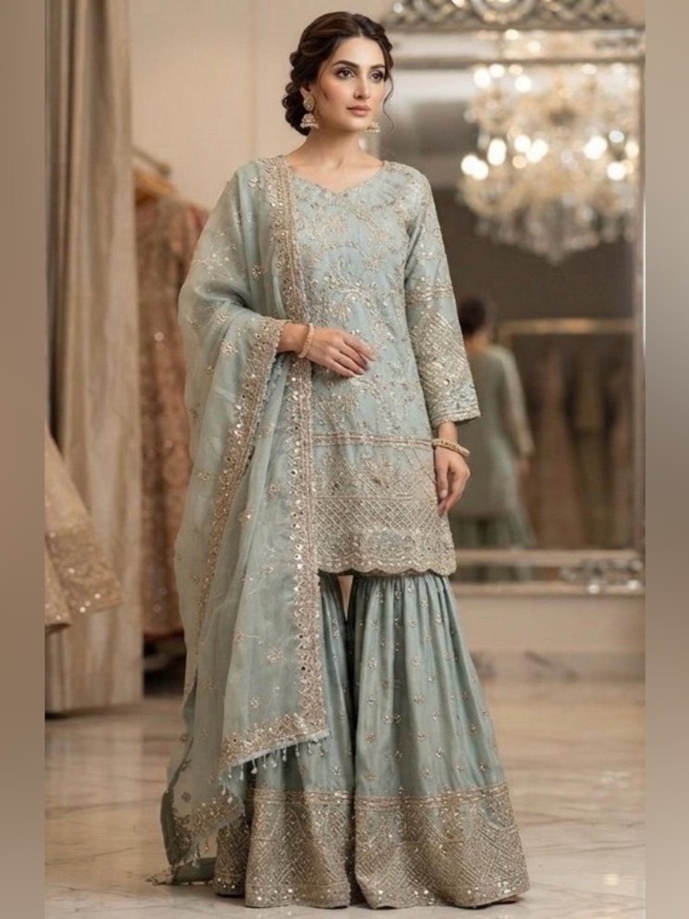Pastel Blue Embroidered Sharara Suit Set